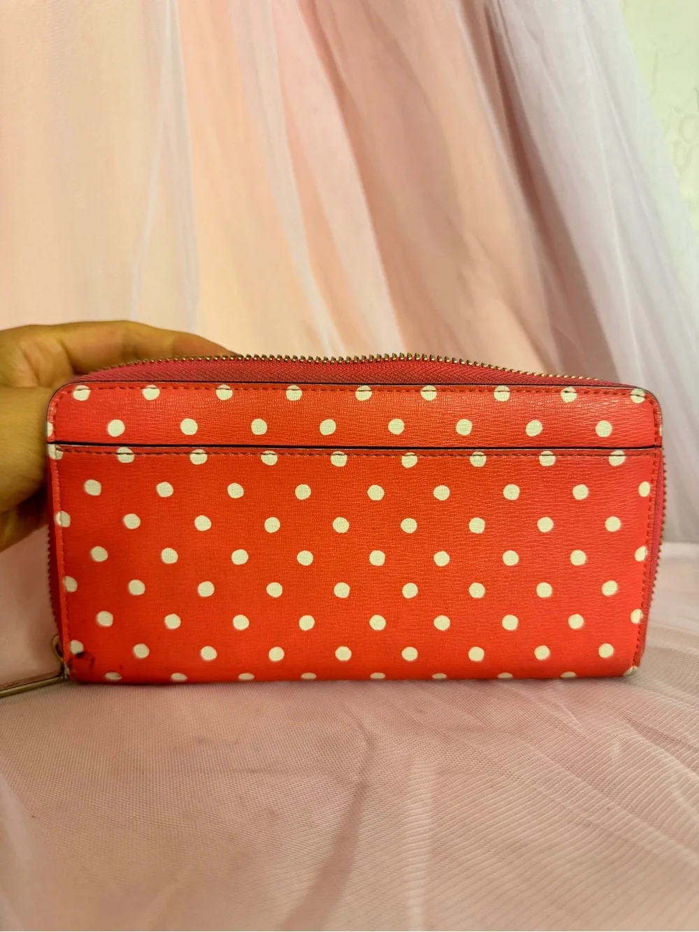👛Rare Kate Spade New York Coral & White Polka Dot Zip-Around Wallet